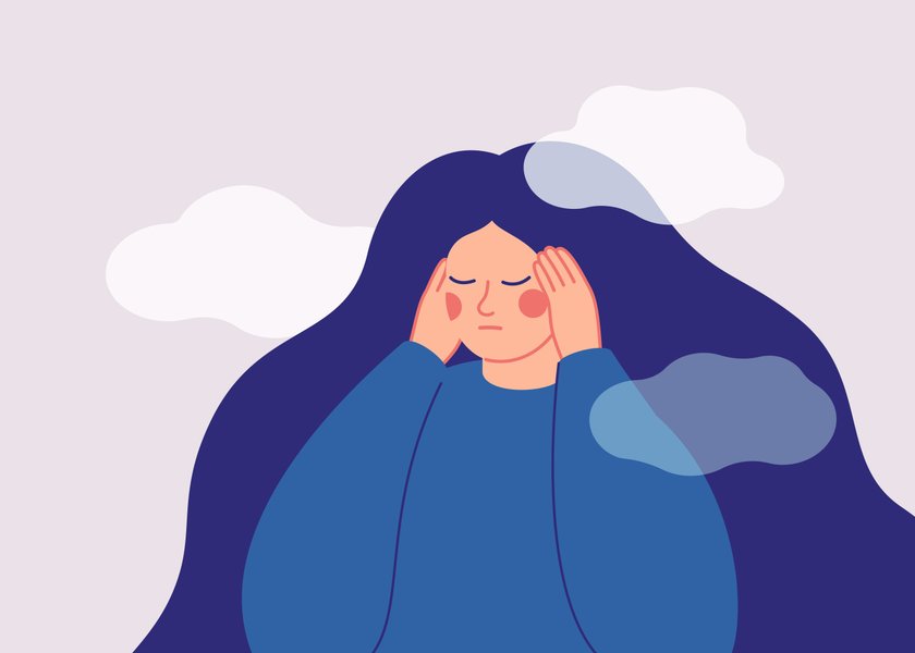 Illustration einer Frau, die sich die Schläfen reibt